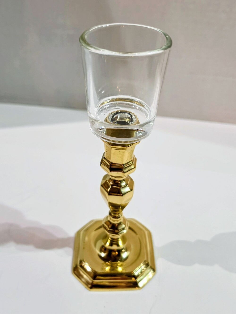 Vintage Brass Candlestick Holder with Clear Glass Peg Votive Cup Insert EUC
